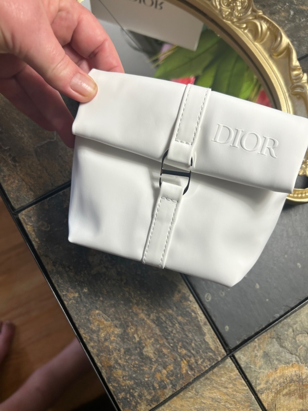 Dior Whilte Fold-Top Pouch with Embossed Logo - Picture 2 of 7
